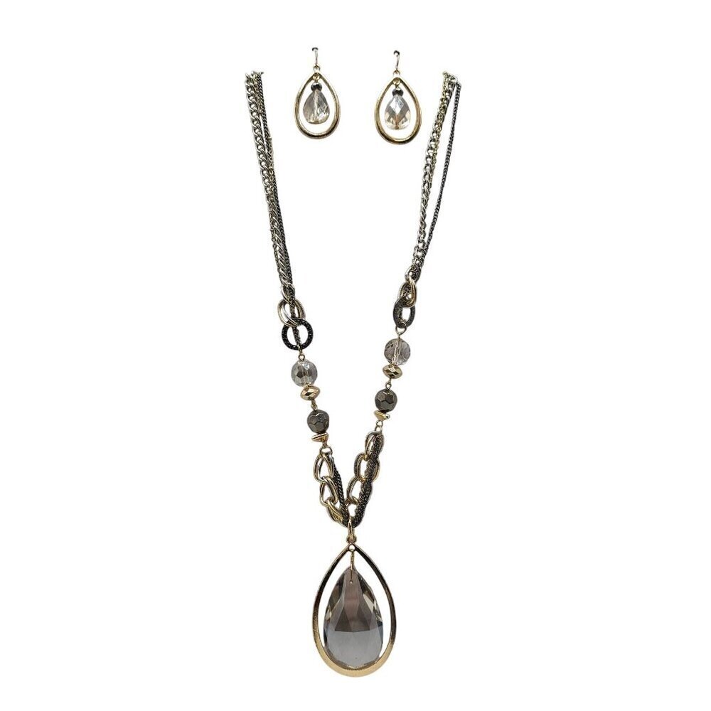 Laura Ashley Gold Silver Crystal Teardrop Necklace & Earrings Set